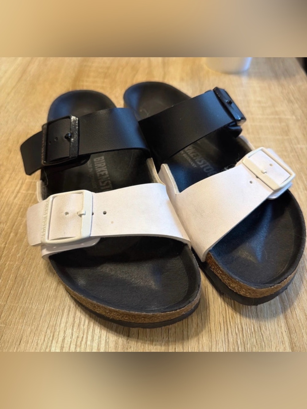 Birkenstock Two-Tone Black and White Adjustable Slide Sandals